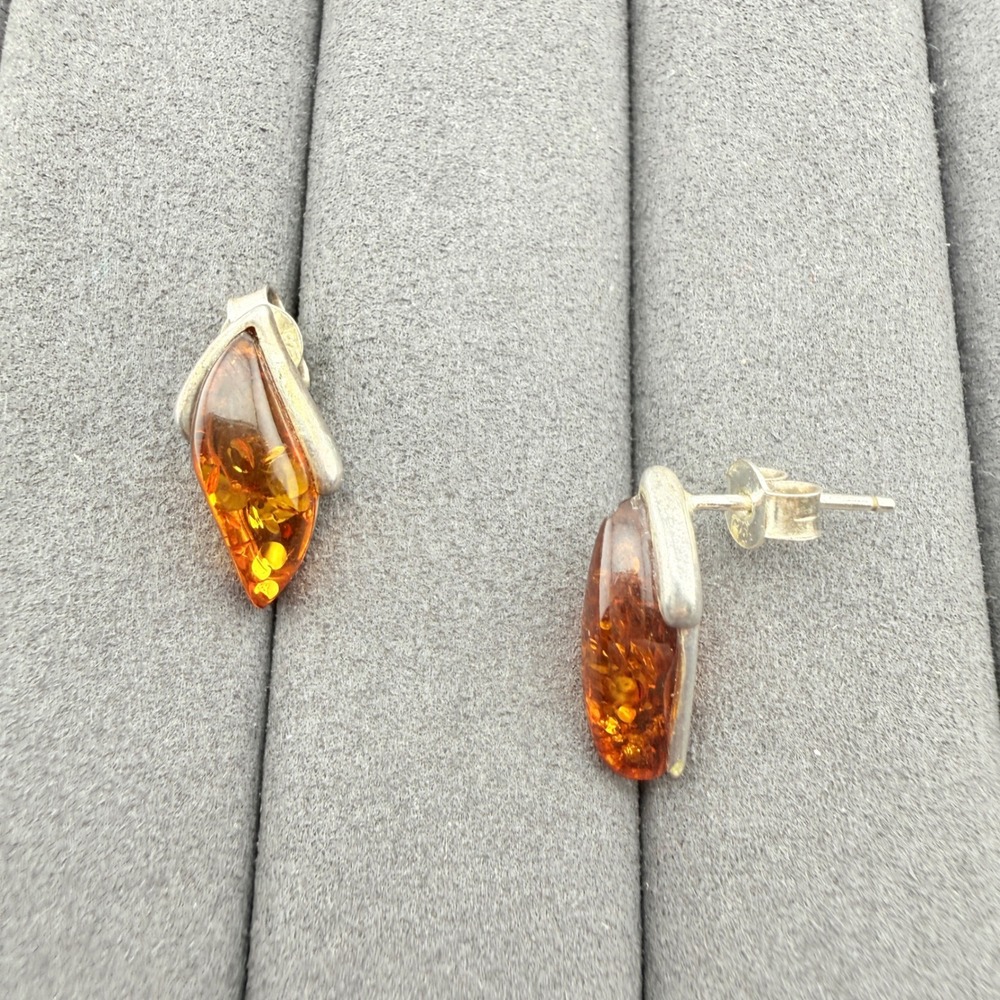 Amber Sterling Silver Earrings Cognac Baltic Stone Leaf Studs Organic Design